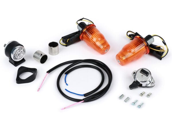 MN6006AKT - MOTO NOSTRA Set di retrofit indicatori di direzione per frecce terminali del manubrio - LED, con marchio di omologazione E, 6 Volt - Vespa Smallframe V50, 50N, PV, ET3, Largeframe Rally, Sprint, TS, GT, GTR, SS180 - Ø=24mm - Arancione