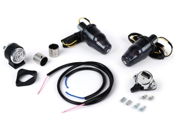 MN6006BKT - MOTO NOSTRA Kit conversione frecce estremità manubrio LED, omologazione marchio E, 6 Volt - Vespa Smallframe V50, 50N, PV, ET3, Largeframe Rally, Sprint, TS, GT, GTR, SS180 - Ø=24mm - nero