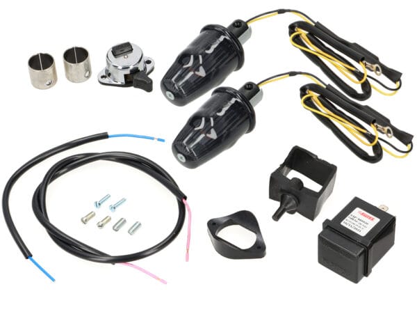 MN6012BKT - MOTO NOSTRA Kit retrofit frecce per frecce all'estremità del manubrio, LED, con marcatura E, 12 volt - Vespa Smallframe V50, 50N, PV, ET3, Largeframe Rally, Sprint, TS, GT, GTR, SS180 - Ø=24mm - nero